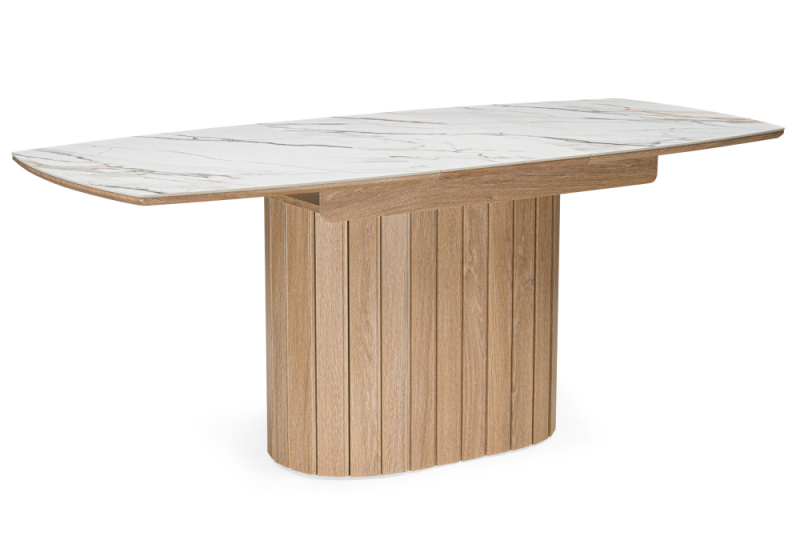 Керамический стол Люмен 140(180)х80 белый с прожилками gilt white / дуб американский (80x76,5). 