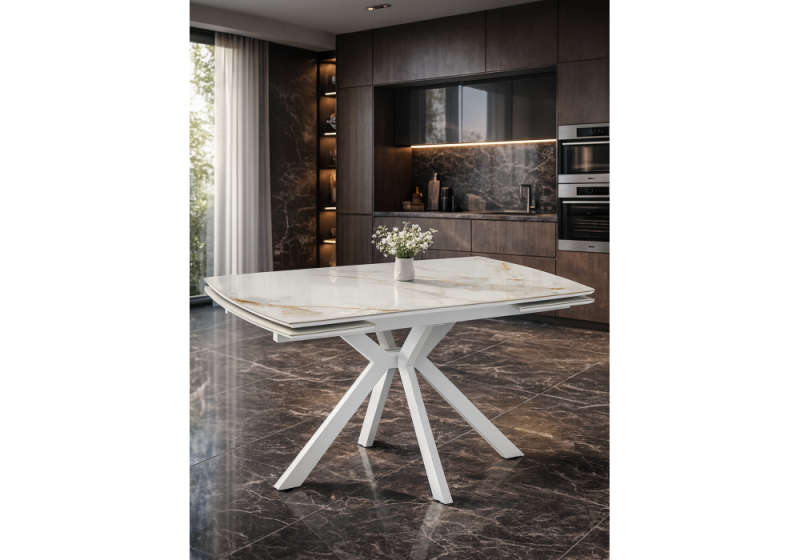 Керамический стол Катчел-2 120(180)x80 calacatta gold / белый (80x77)