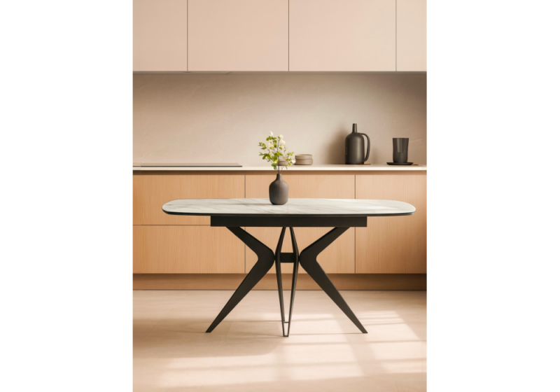 Керамический стол Риполь 160(205)х89 белый с прожилками gilt white / черный (89x75)