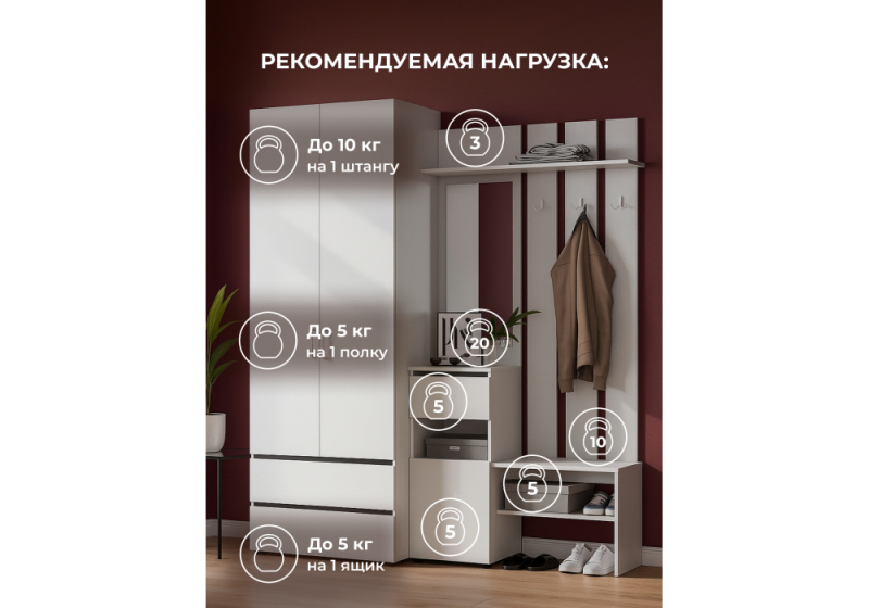 Прихожая Валенсия комплектация 1 белый текстурный (180,2x51,5x210)